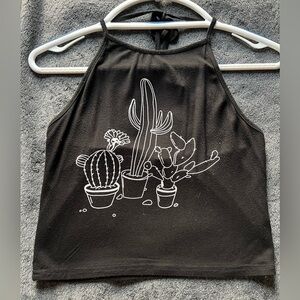 Black Halter Tank Top with Cactus Print